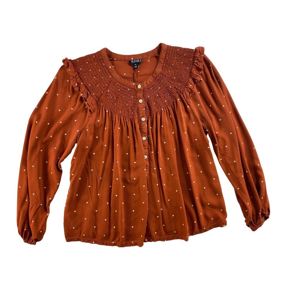 Polka Dot‎ Smocked Rust  Blouse Western Prairie Boho Eighties Petite Small Cute